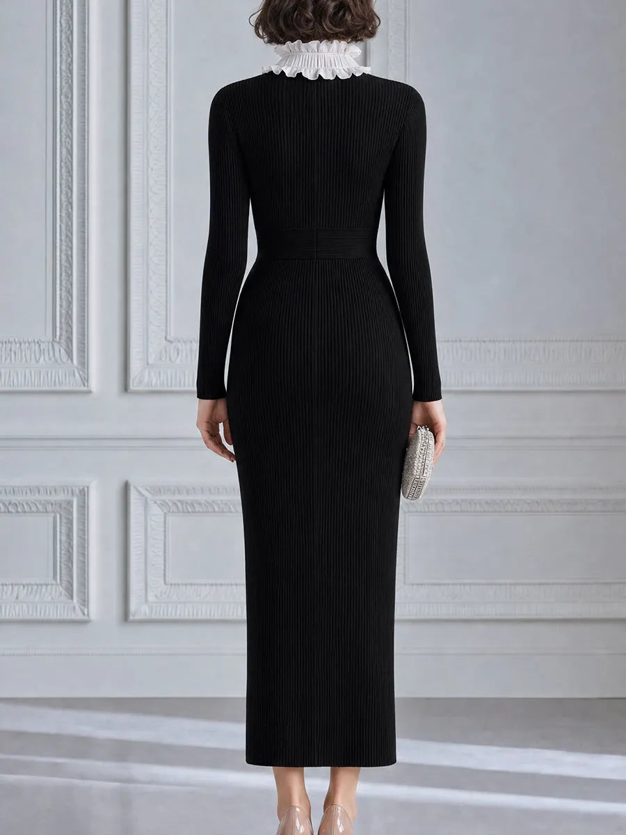 Ruffled High-Neck Ribbed Knit Maxi Dress