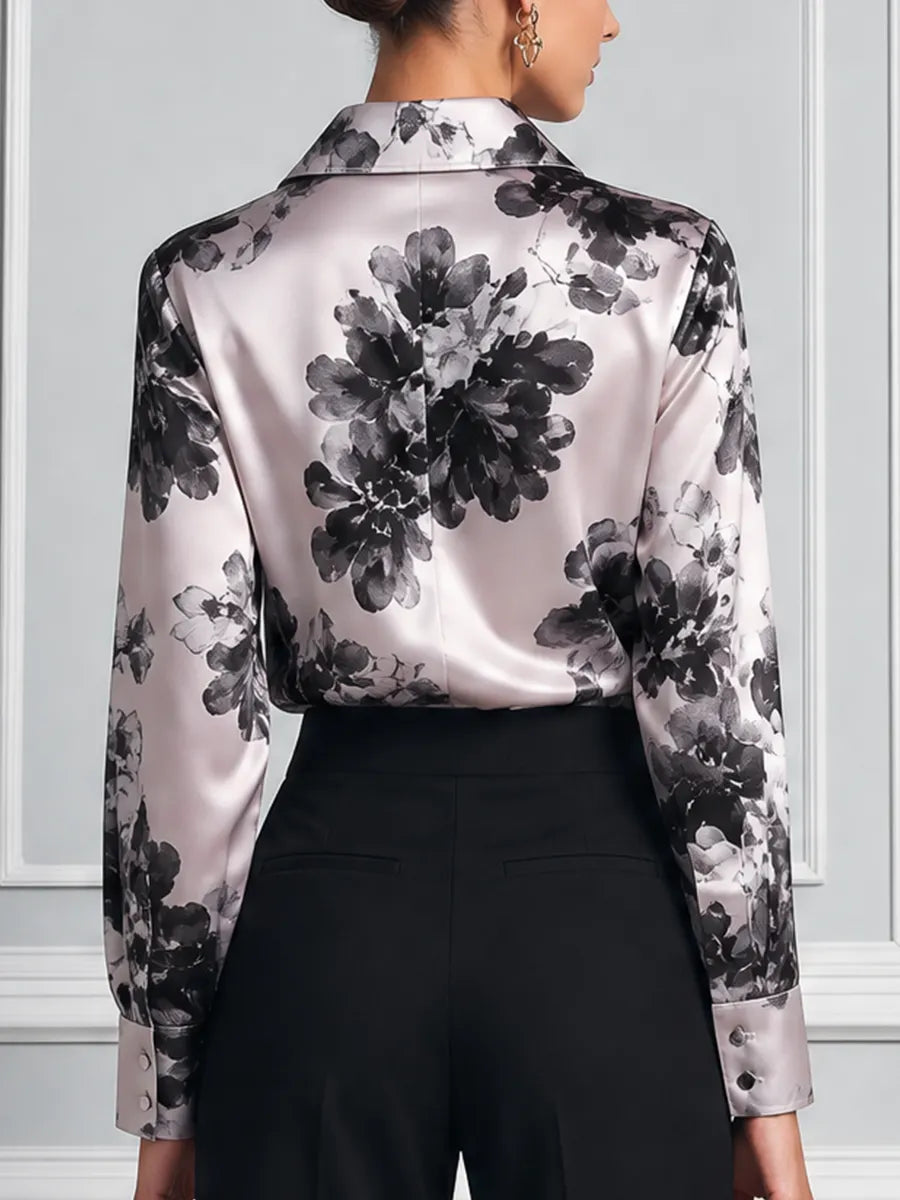 Ivory Black Floral Satin Button Front Blouse