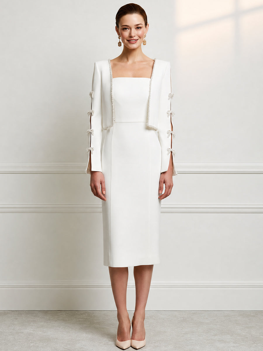 Elegant White Sleeveless Sheath Dress with Pearl-Embellished Bolero Jacket Set