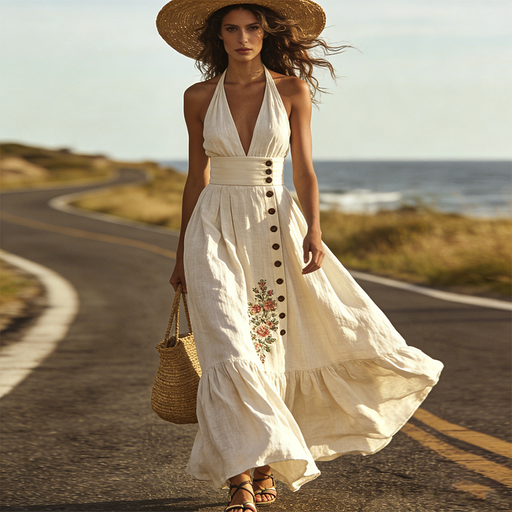 Linen Blend Halter Maxi Dress With Floral Embroidery And Button Front Detail