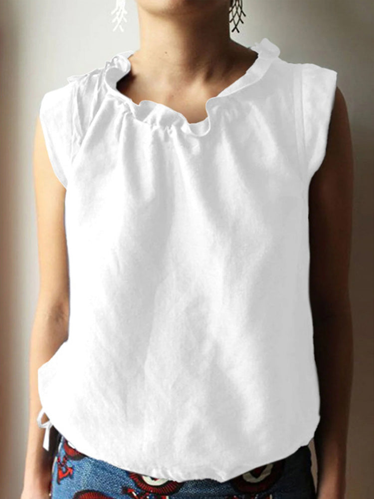 Casual Plain Frill Neck Cap Sleeve Loose Tank Top