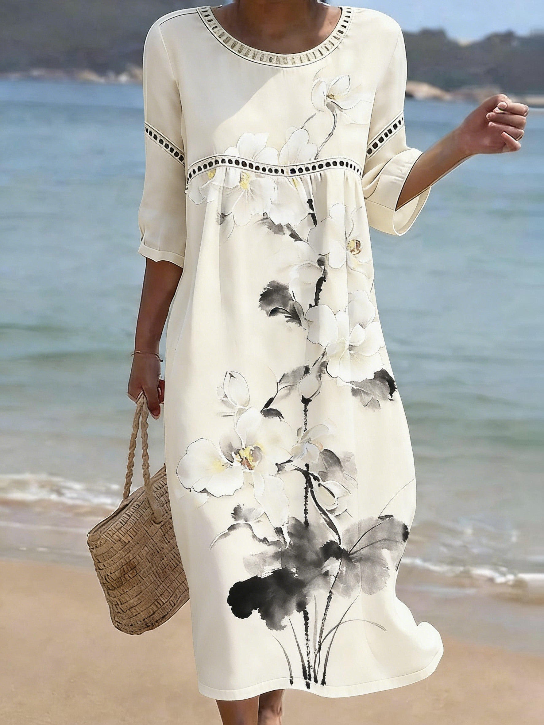 Women's Folk Flowers Print Crew Neck Cotton Pocket Dress