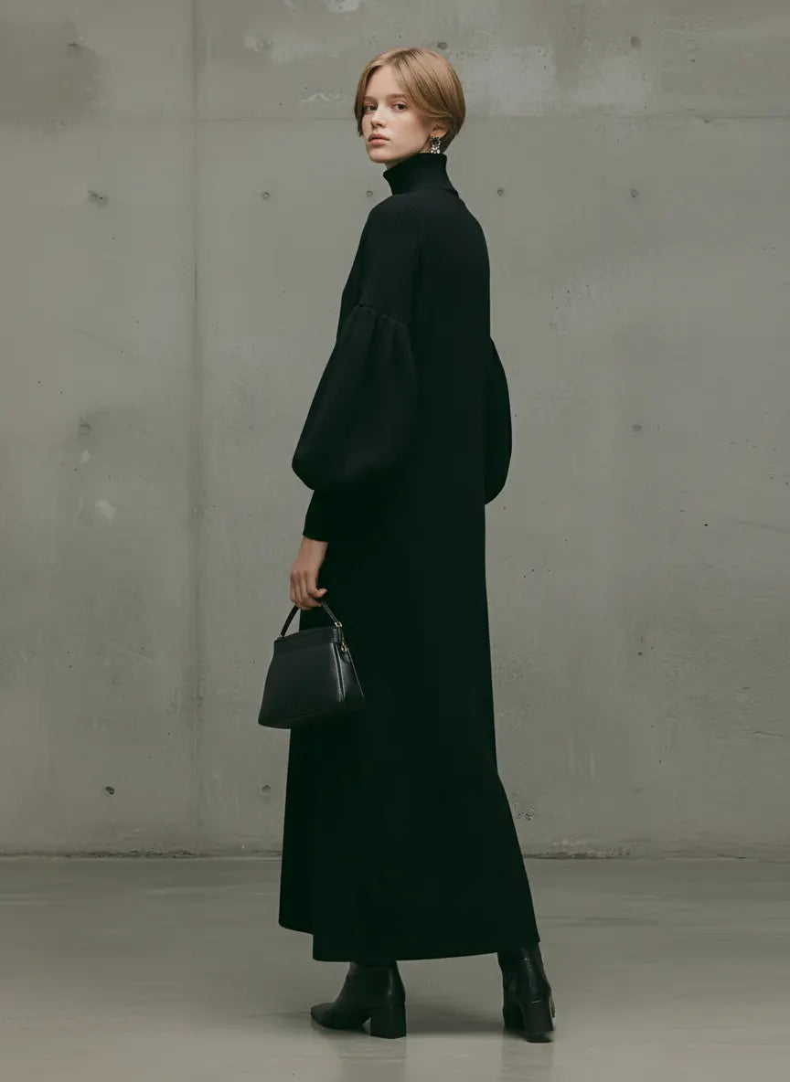 Women's Modern Black Turtleneck Puff-Sleeve Sweatshirt Maxi Dress