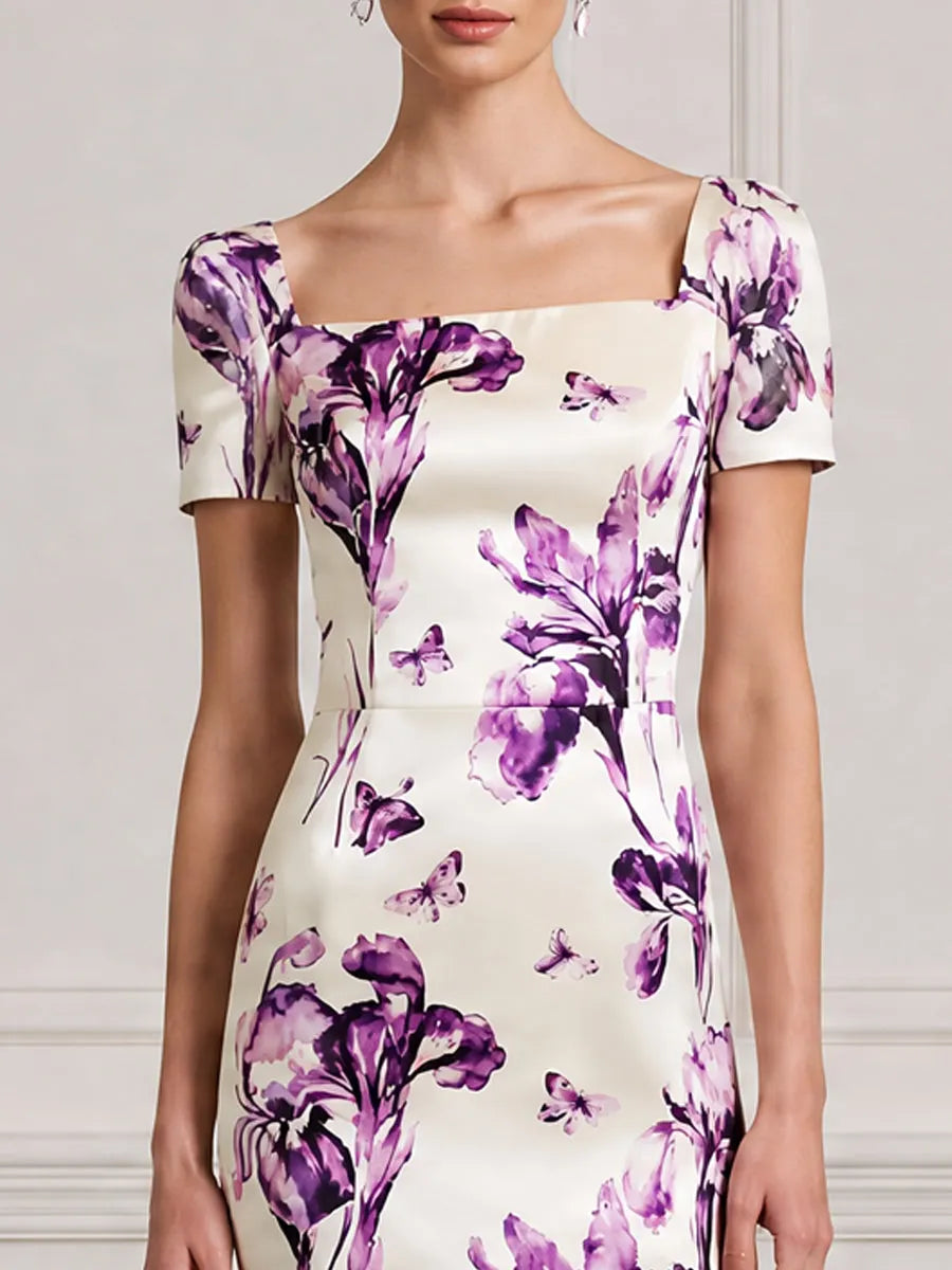 Ivory Purple Floral Print Square-Neck Bodycon Midi Dress