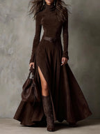 Dark Brown Faux Suede Turtleneck Long Sleeve Slit Maxi Dress(Including belt)