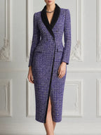 Purple Tweed Dress Fall Wedding Guest Dress Black Lapel Blazer Midi Dress