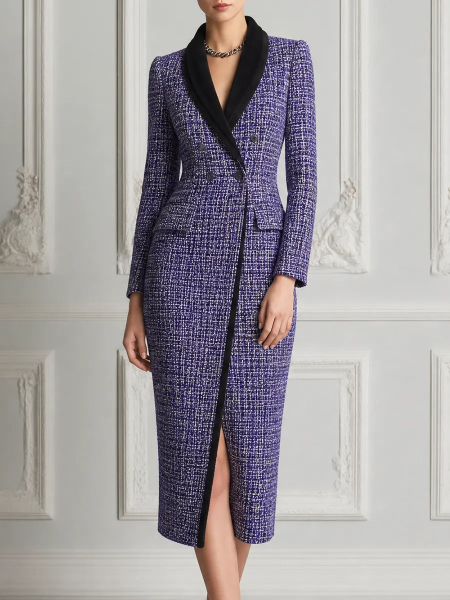 Purple Tweed Dress Fall Wedding Guest Dress Black Lapel Blazer Midi Dress