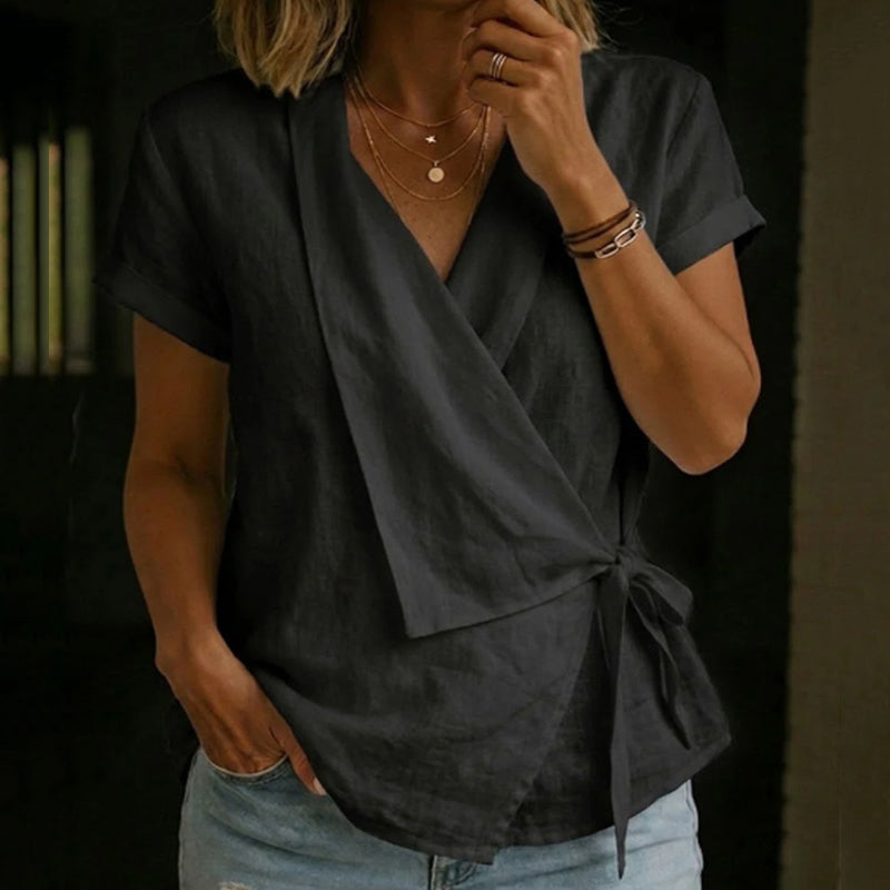 Women's Solid Color Short Sleeve Linen Blend Shirt