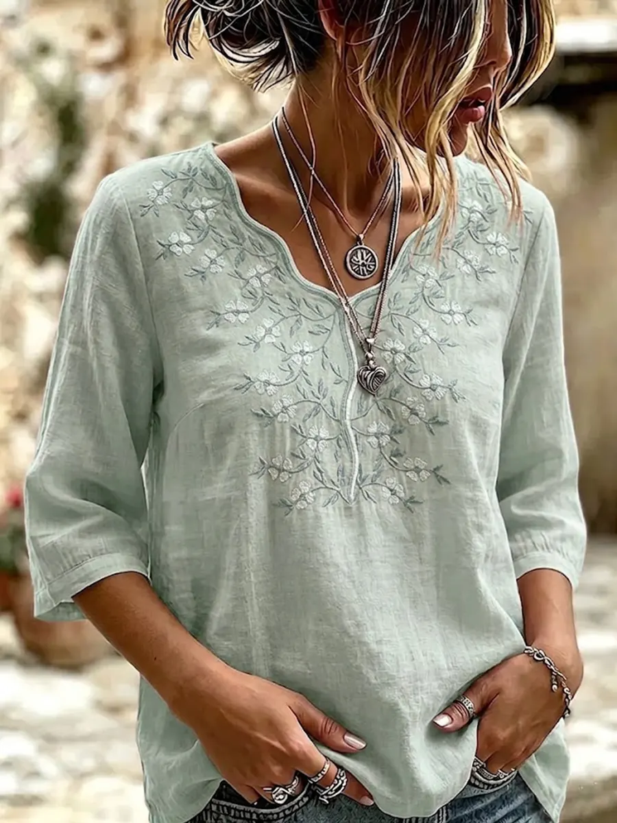 Women's Art Casual Ethnicity Floral Embroidery Blouse Shirt