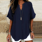 Solid Color V-neck Short Sleeve Linen Blend Blouses
