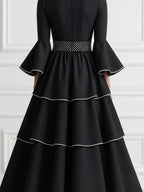 Black A-Line Maxi Dress With Crew Neck And Flared Sleeves