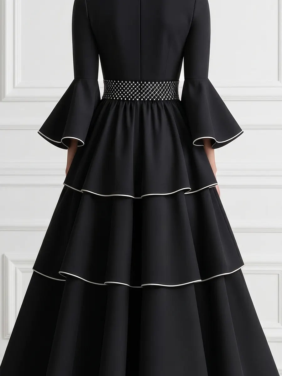 Black A-Line Maxi Dress With Crew Neck And Flared Sleeves