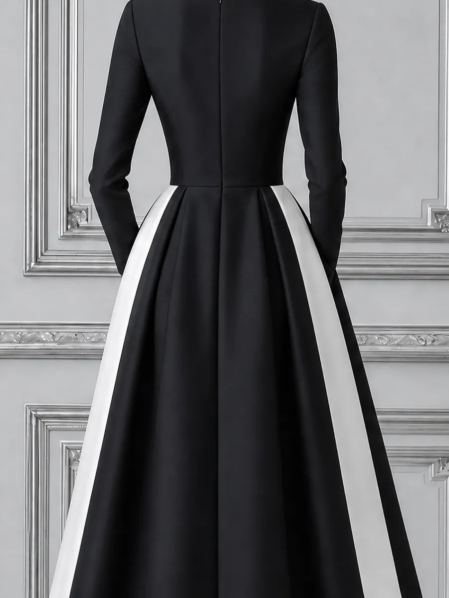 Black White Dress Fall Wedding Guest Dress Contrast Wrap A-Line Midi Dress