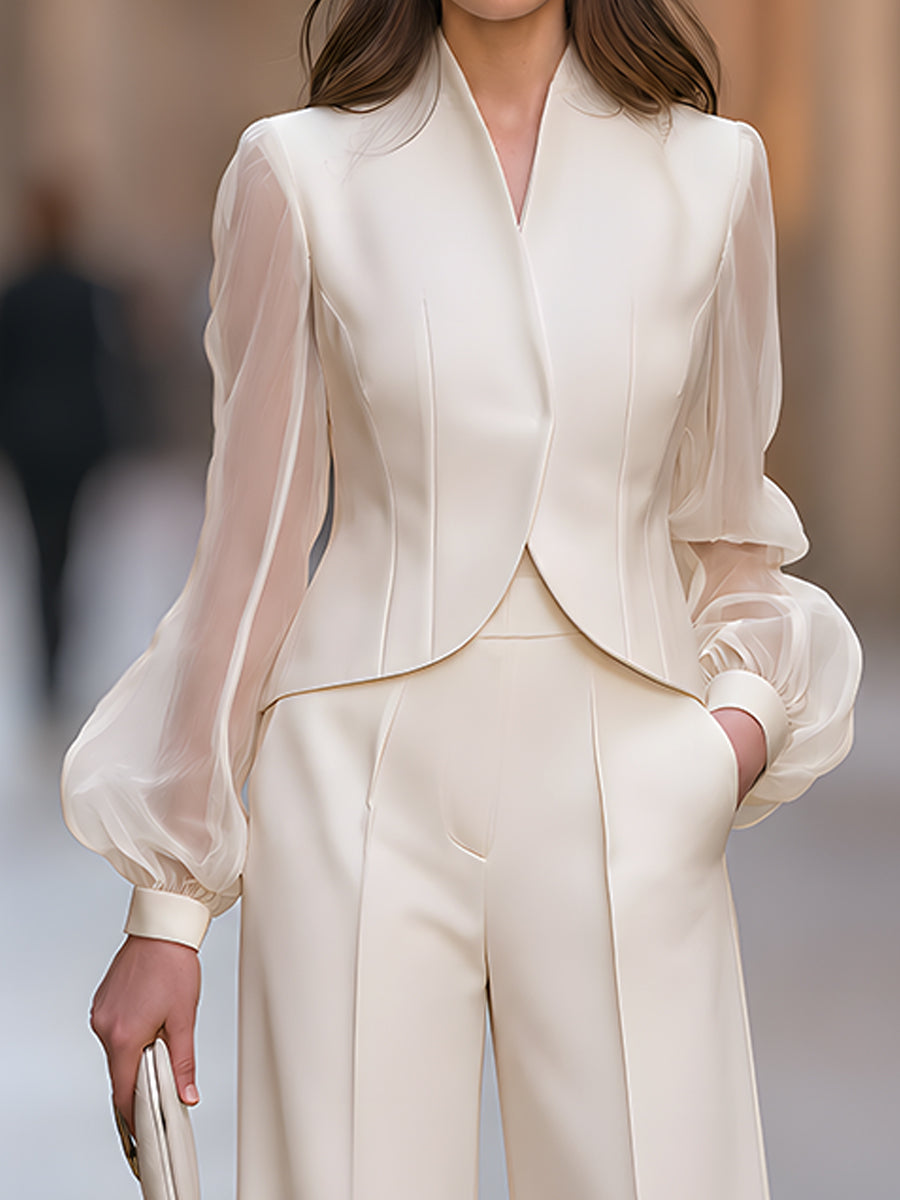 Ivory Sheer Sleeve Blazer With Wide Leg Trousers Set