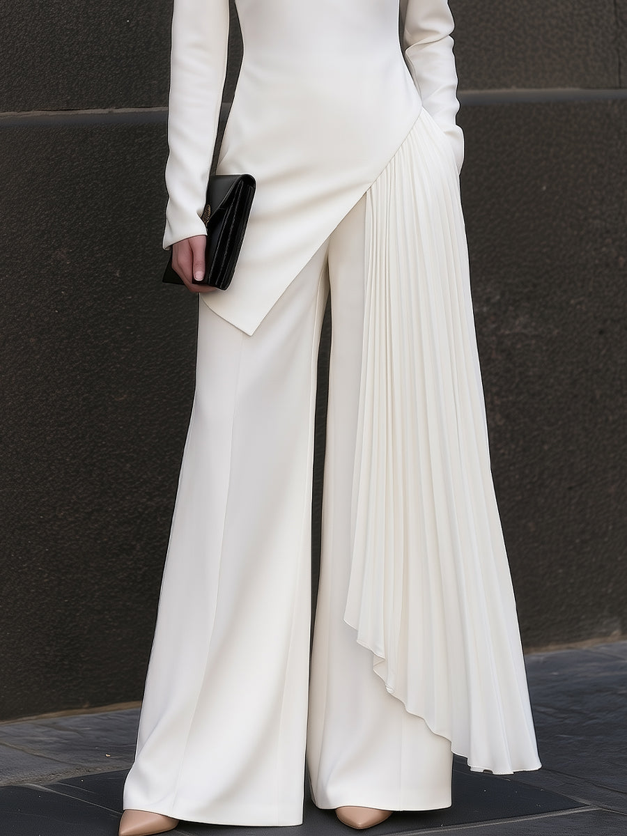 Asymmetric Pleated Overlay Top And Wide-Leg Pants Set