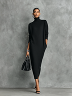 Women's Elegant Black Knitted Turtleneck Long-sleeved Loose-fitting Maxi Dress With No Pockets