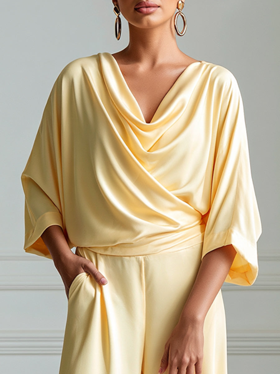 Cowl Neck Batwing Sleeve Top And Wide-Leg Pants Set