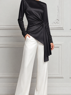 Black Satin Draped Blouse & White Wide Leg Pants Set