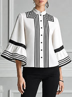 White Preppy Contrast Stripe Bell Sleeve Blouse