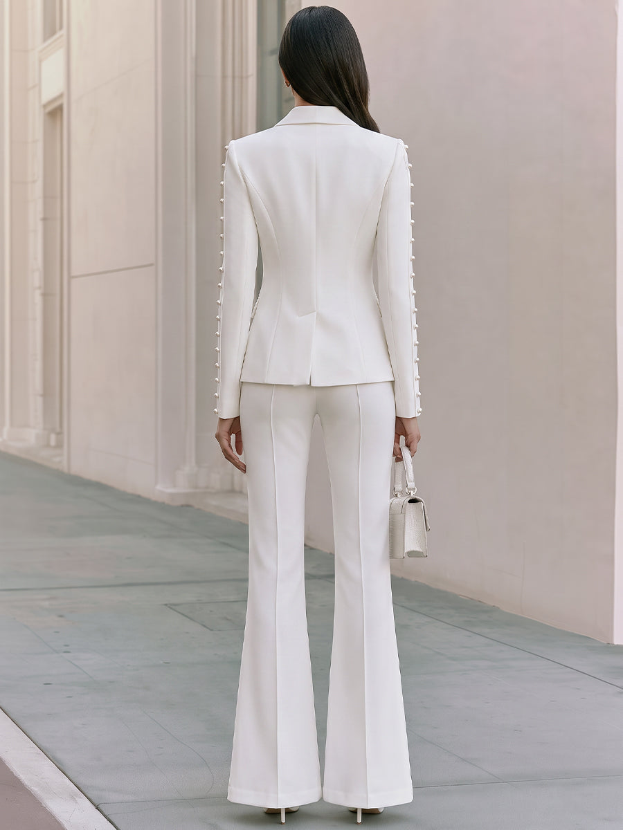 Women's Pearl Beaded Sleeve Blazer & Flare Pants Two-Piece Suit Set
