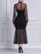 Black Dress Fall Wedding Guest Dress Polka Dot Mesh Mermaid Midi Dress