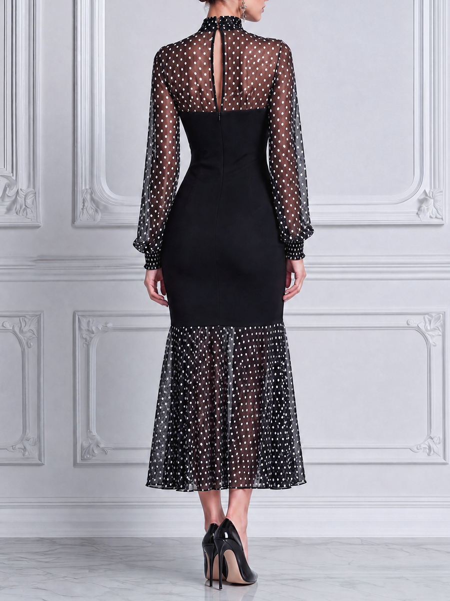 Black Dress Fall Wedding Guest Dress Polka Dot Mesh Mermaid Midi Dress