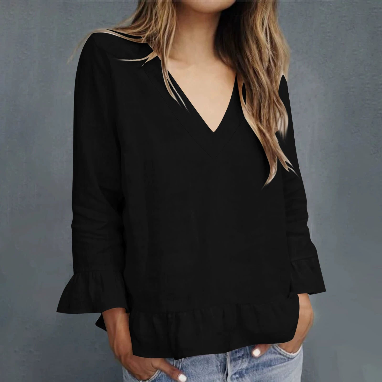 Women's Casual Ruffled V-neck Linen Blend Blouse