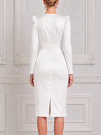 White Dress Ruffle Shoulder Ruched Waist Pencil Midi Dress