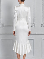 White Dress Fall Wedding Guest Dress Satin Wrap Ruffle Midi Dress