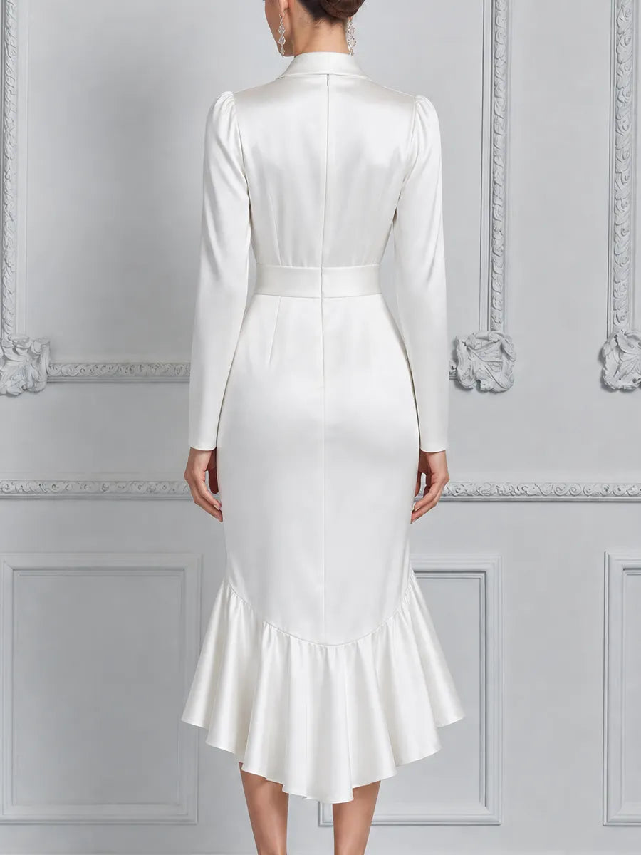 White Dress Fall Wedding Guest Dress Satin Wrap Ruffle Midi Dress