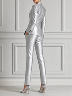 Silver Satin Tailored Blazer & Slim Pants Set