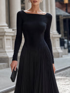 Pleated-Panel Long-Sleeve Structured Maxi Dress