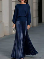 Pleated Satin Long Sleeve Flowing Maxi Dress