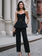 Structured Spaghetti-Strap Button-Front Peplum Top With Sculpted Waist