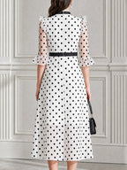 Polka Dot Bow Tie Neck Ruffle Sleeve Chiffon Midi Dress