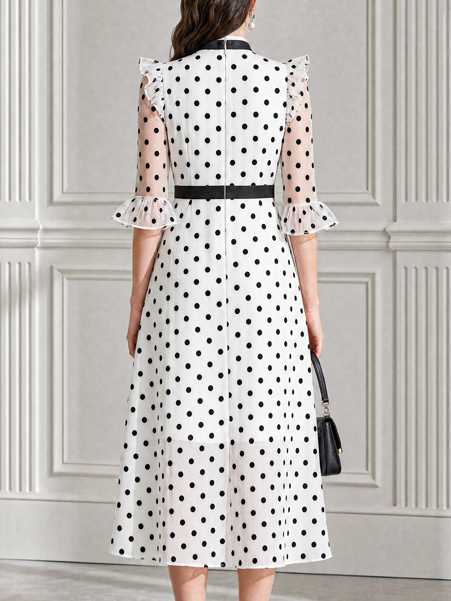 Polka Dot Bow Tie Neck Ruffle Sleeve Chiffon Midi Dress