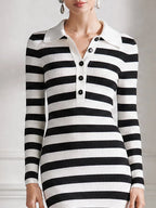 Striped Ribbed Knit Polo-Collar Mermaid Midi Dress