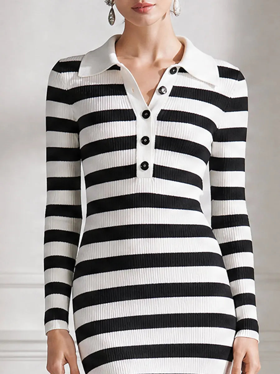 Striped Ribbed Knit Polo-Collar Mermaid Midi Dress