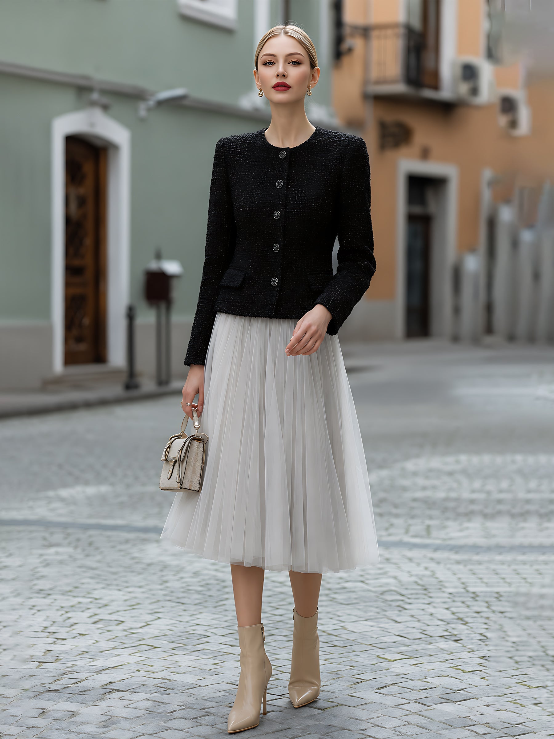 Tweed Jacket And Tulle Midi Skirt Set