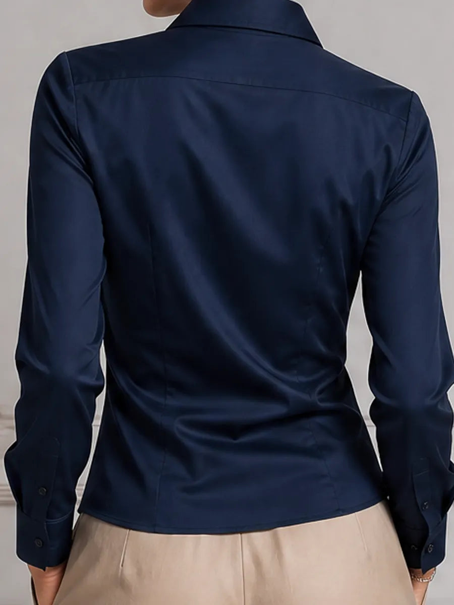 Navy Satin Point Collar Button Front Blouse