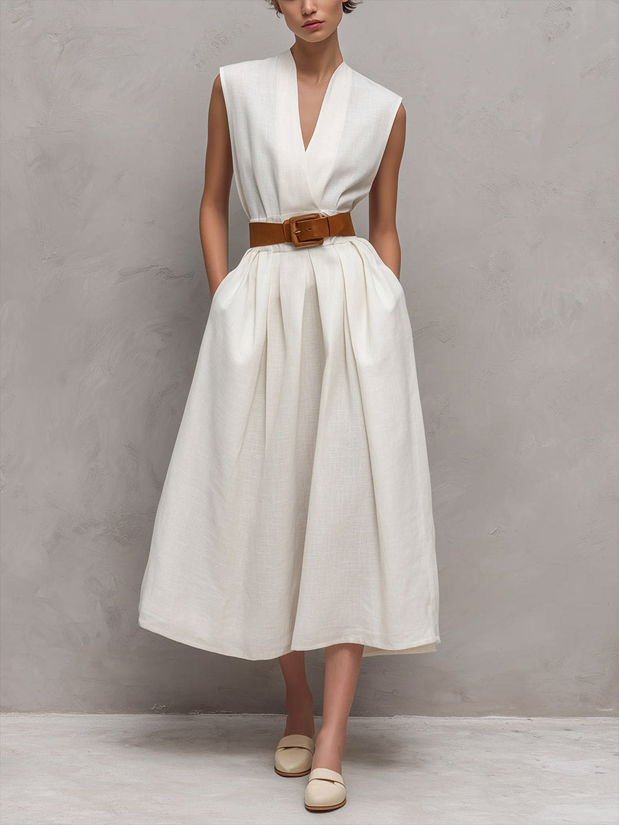 Women's V-neck Sleeveless Casual Loose Cotton Dress