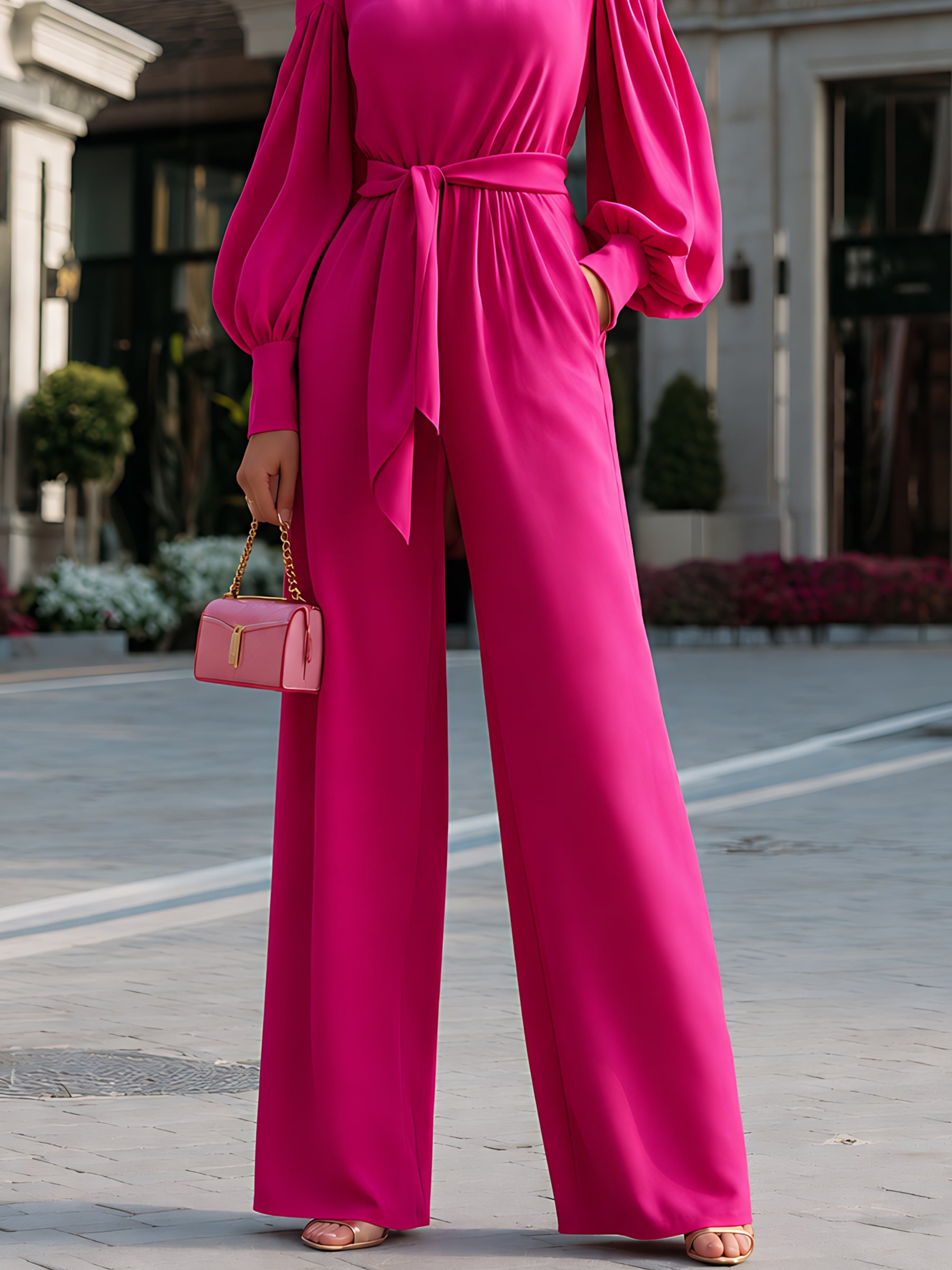 Tie-Waist Cold-Shoulder Wide-Leg Jumpsuit