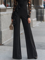 Lace-Sleeve Ruched Ruffle Wide-Leg Jumpsuit