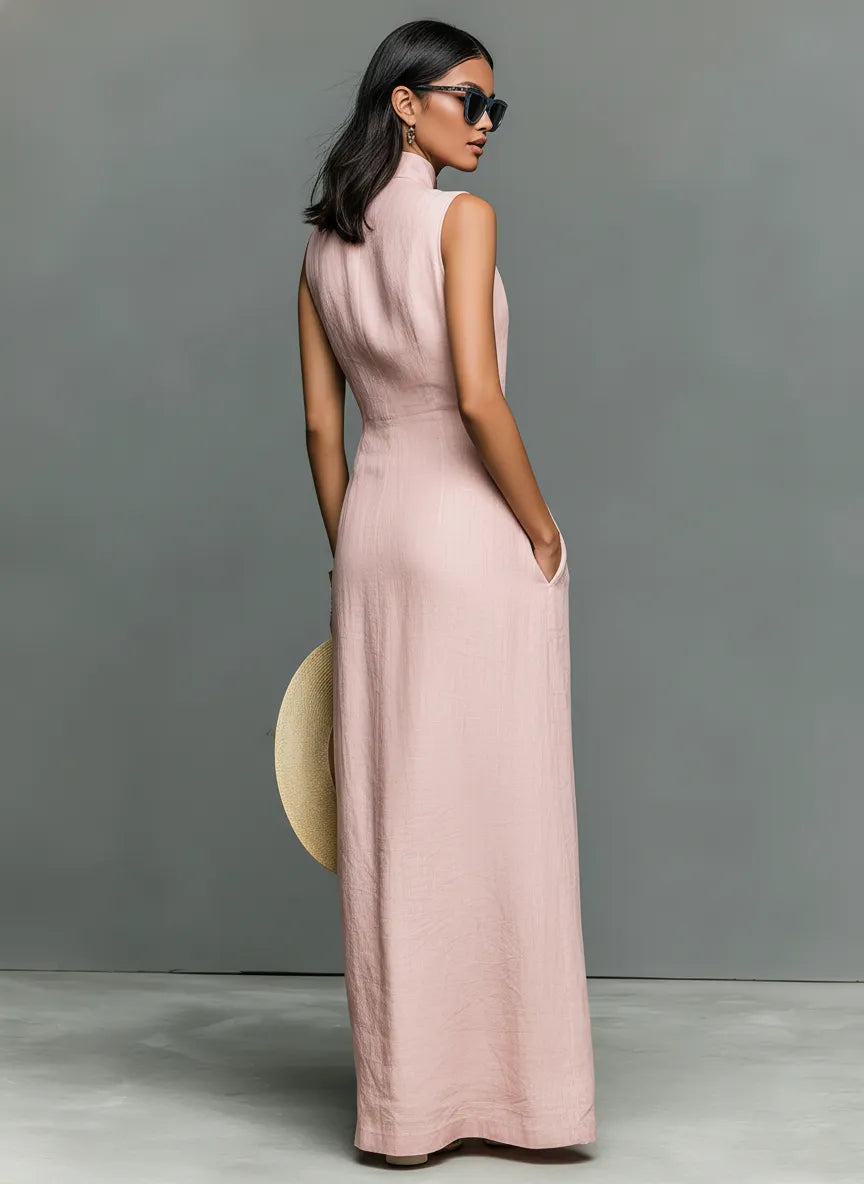 Women's Minimalist Linen-Blend Stand-Collar Single-Breasted Sleeveless Maxi Dress
