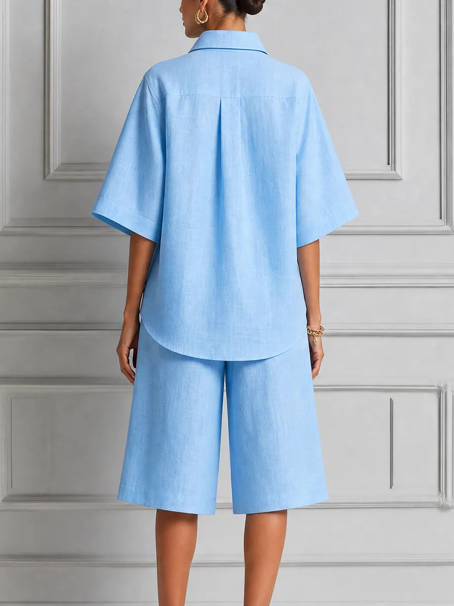 Sky Blue Linen Shirt & Bermuda Shorts Two-Piece Set