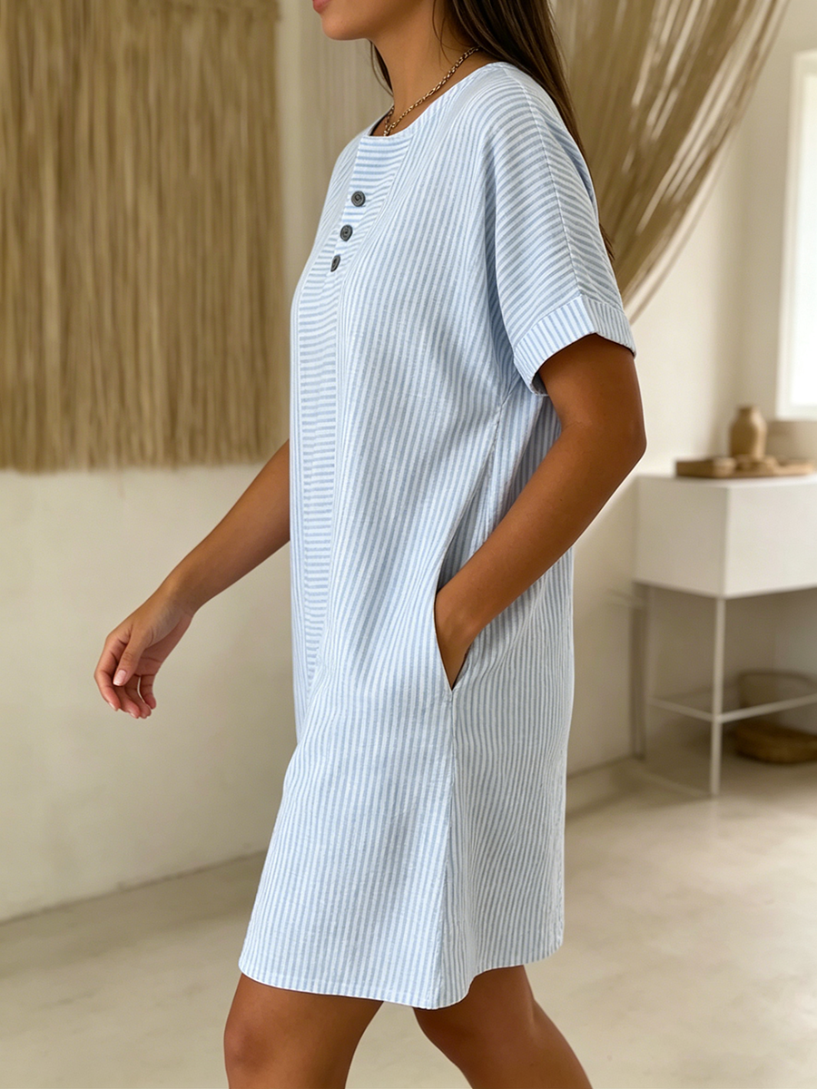 Elegant Beaded-collar Cotton-linen Dress