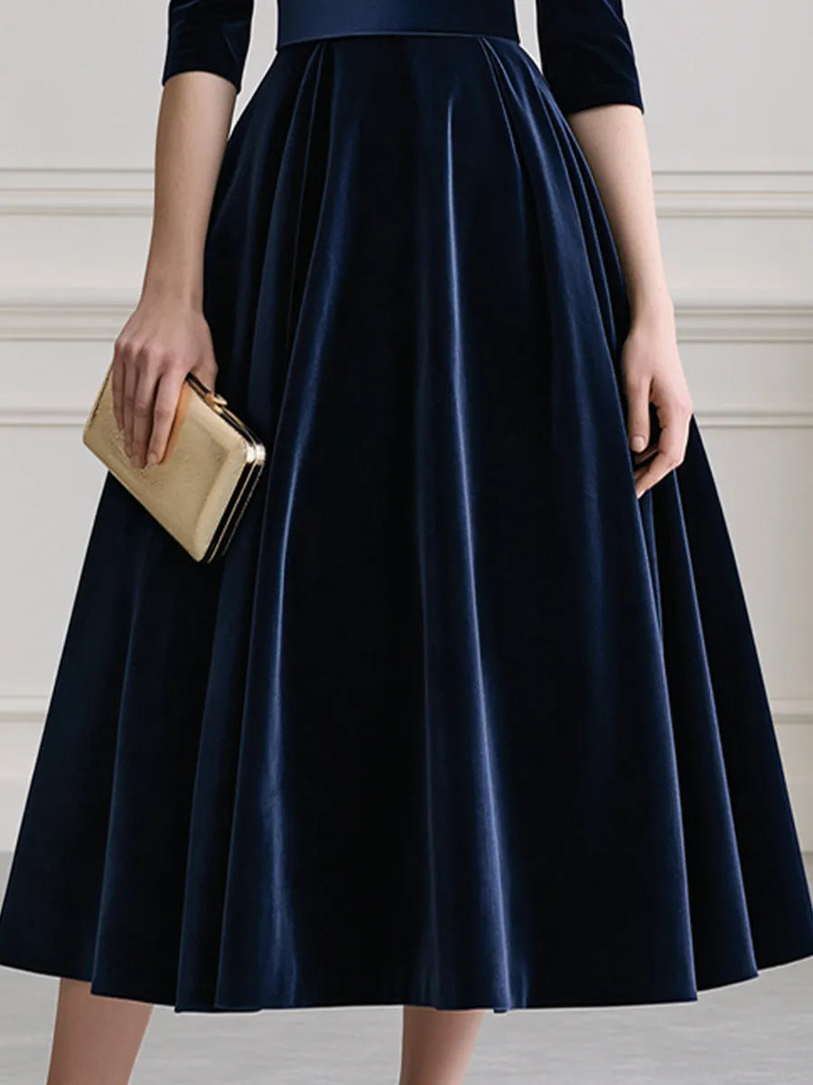 Elegant Velvet Puff Sleeve High Neck A Line Midi Dress