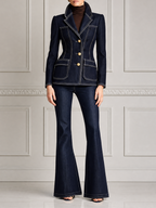 Navy Denim Preppy Fall Fashion Blazer & Flare Pants Set