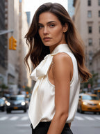 Elegant Champagne White Satin Sleeveless Bow Shirt