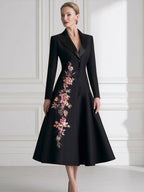 Floral Embroidered A-Line Blazer Midi Dress